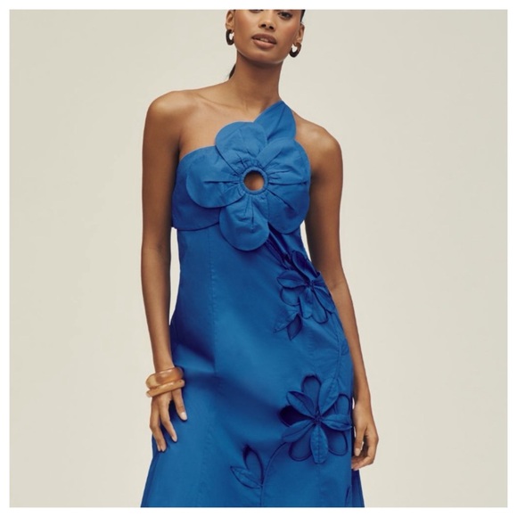 NWT Anthropologie One-Shoulder Cutwork  Cutouts 3D Flower Blue Midi Dress - Picture 7 of 16